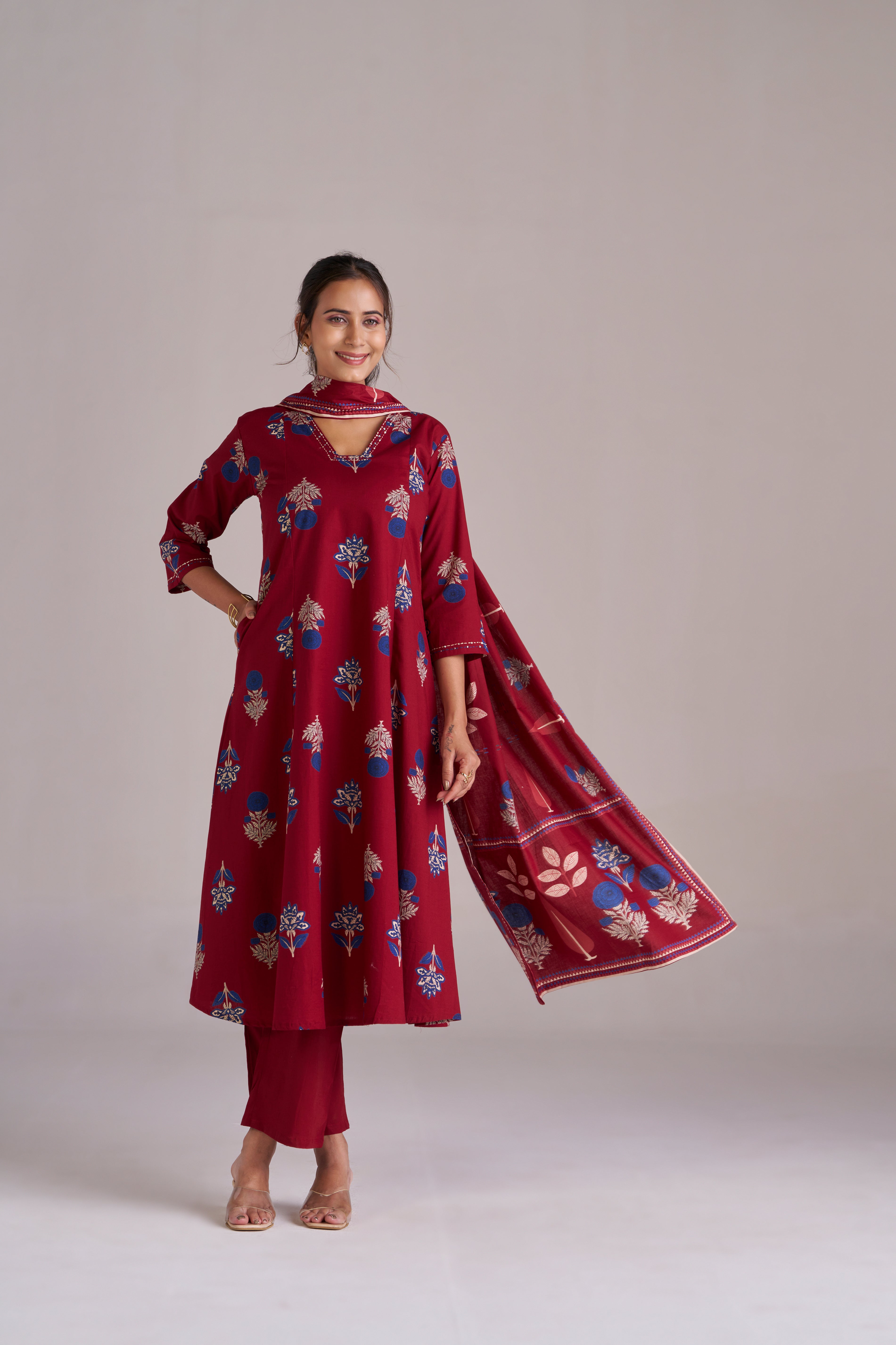 MAROON COTTON KURTA SET WITH DUPATTA