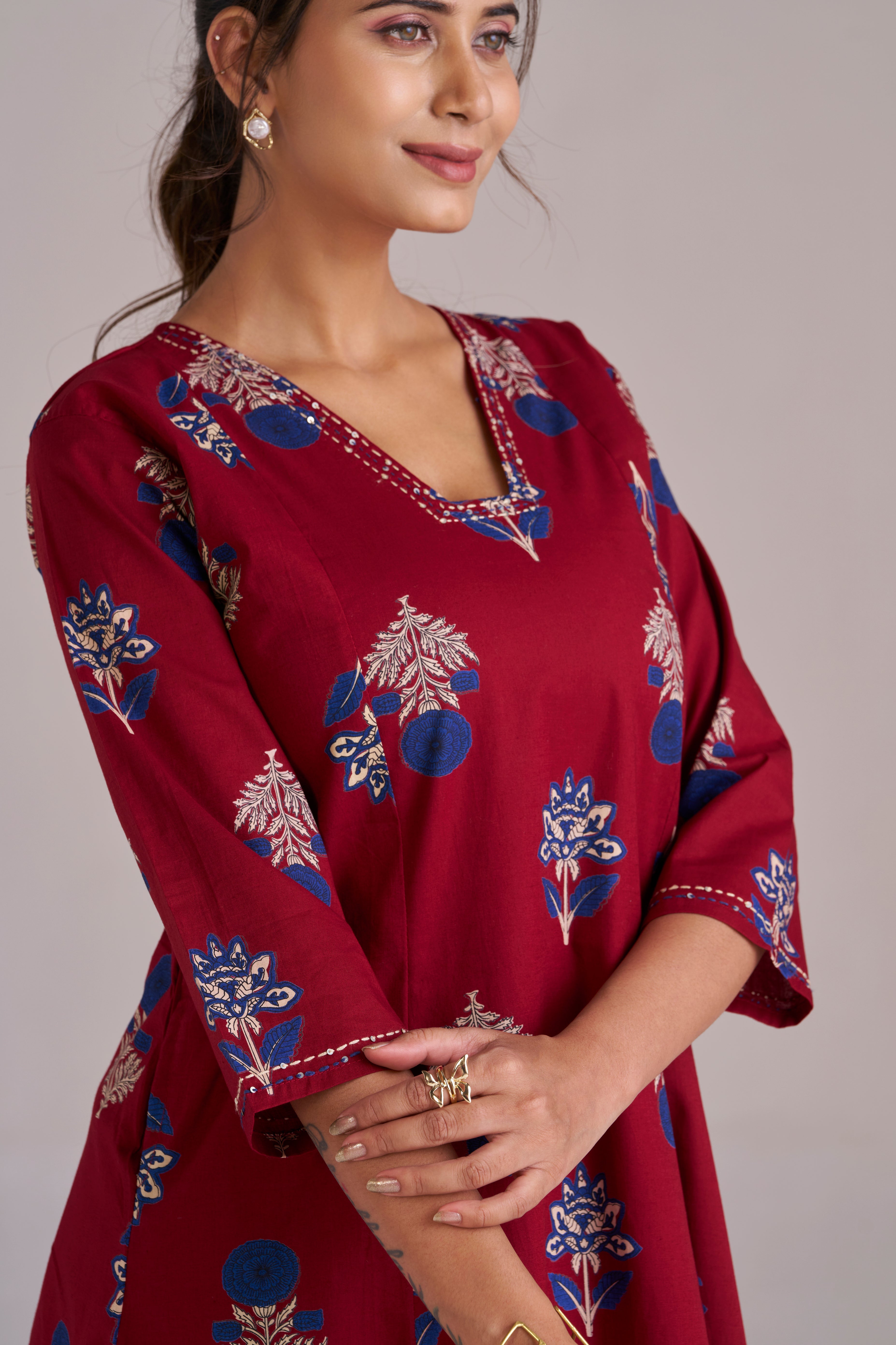 MAROON COTTON KURTA SET WITH DUPATTA