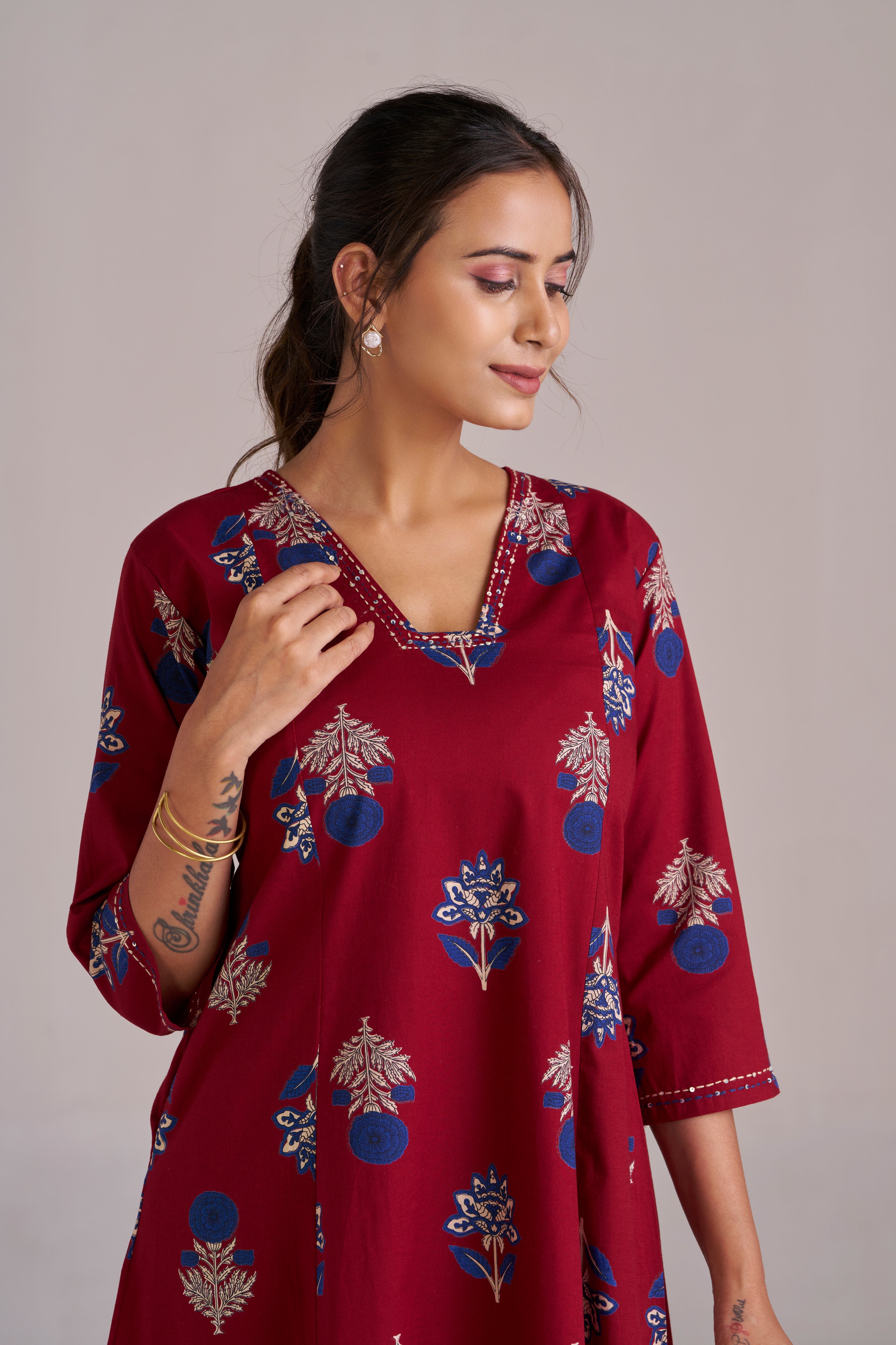 MAROON COTTON KURTA SET WITH DUPATTA