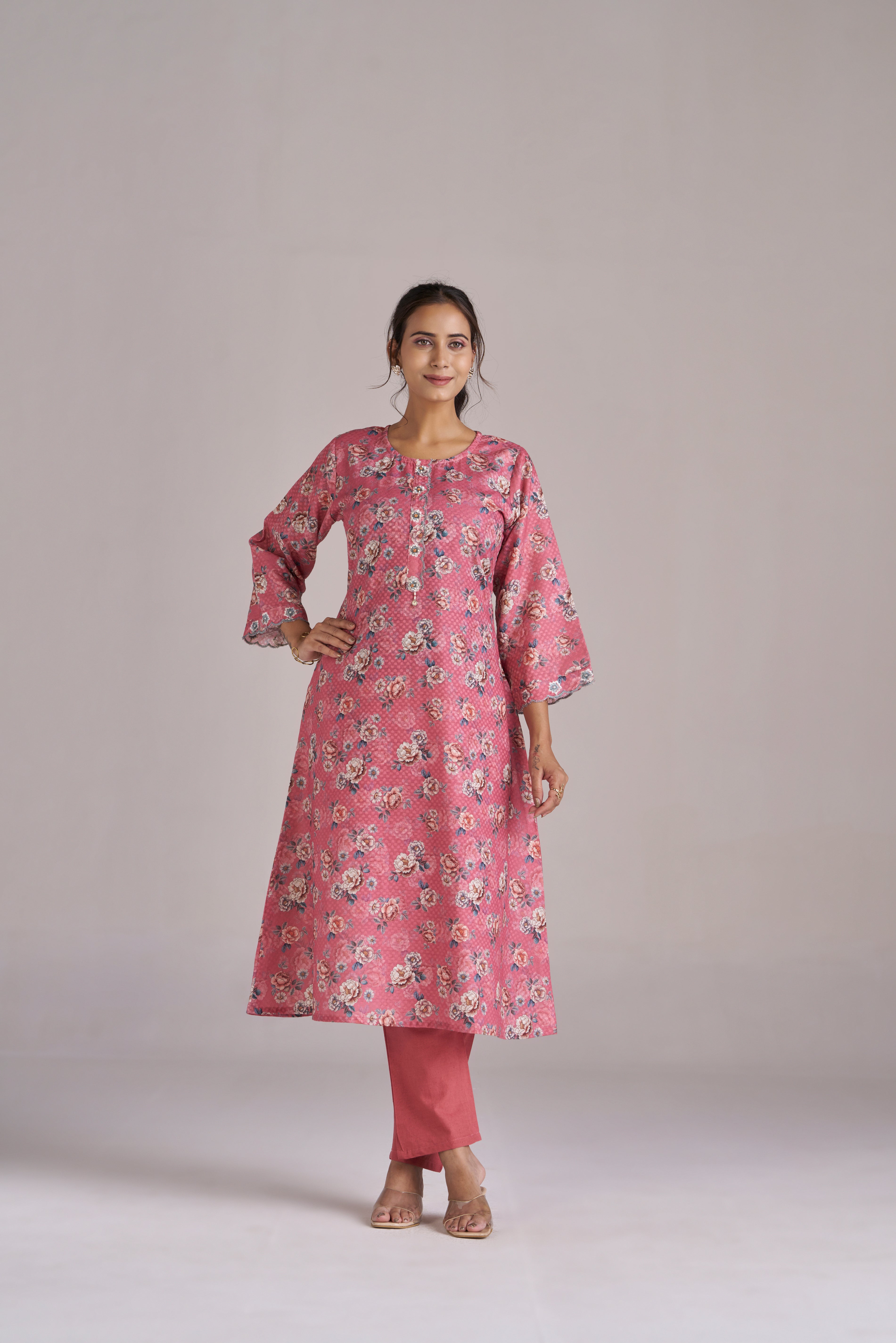 FLORAL PRINT WITH DOBBY WEAVE IN PINK