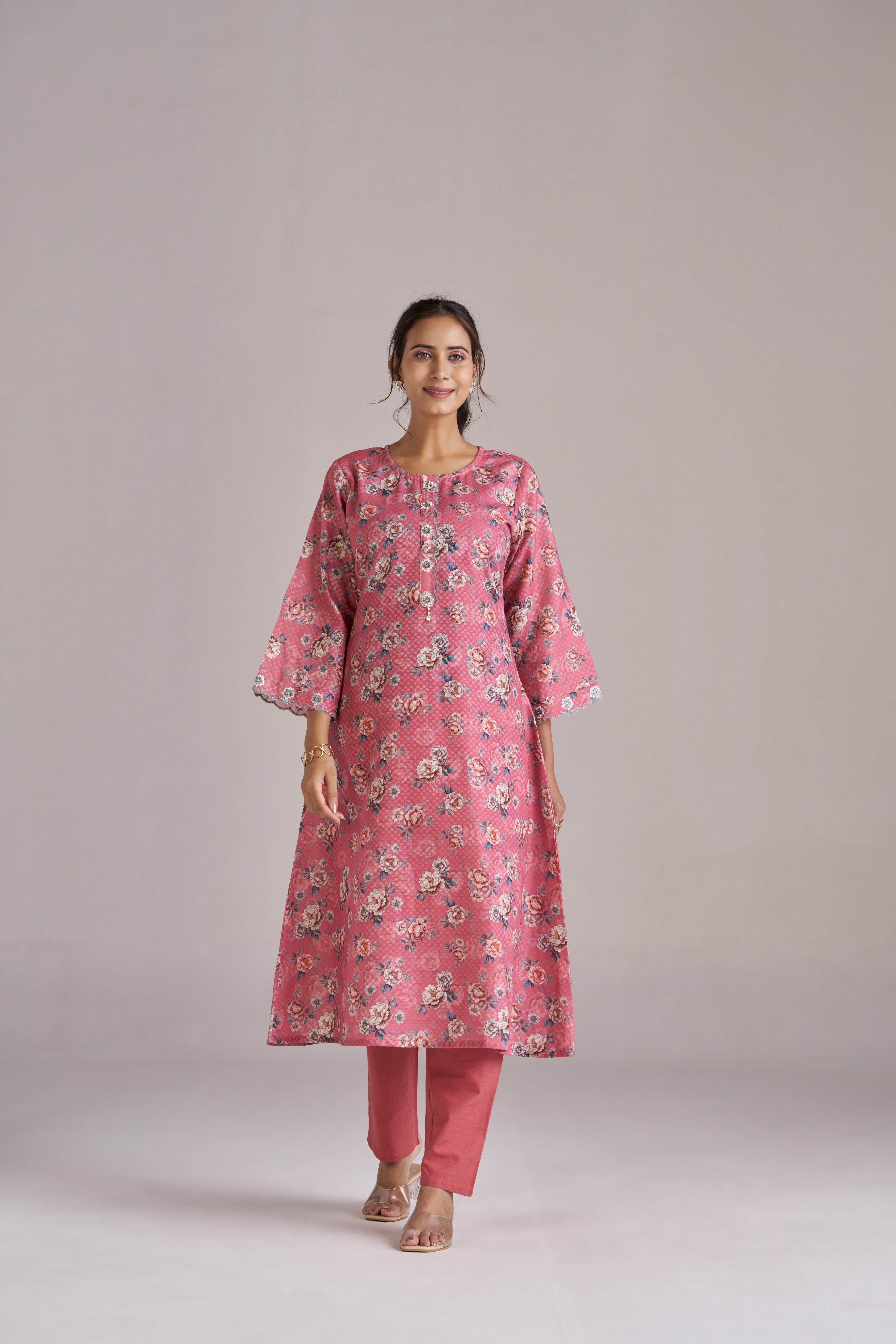 FLORAL PRINT WITH DOBBY WEAVE IN PINK